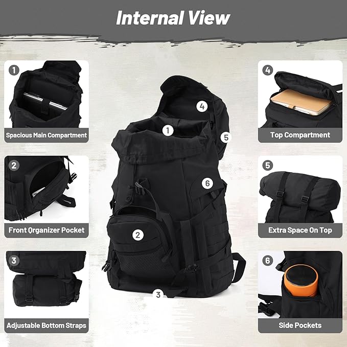 50L Tactical Backpack for Men and Women, Water-Resistant Molle Rucksack, Large Military Assault Pack for Hiking, Hunting, Camping, Gym & Outdoor Survival Black