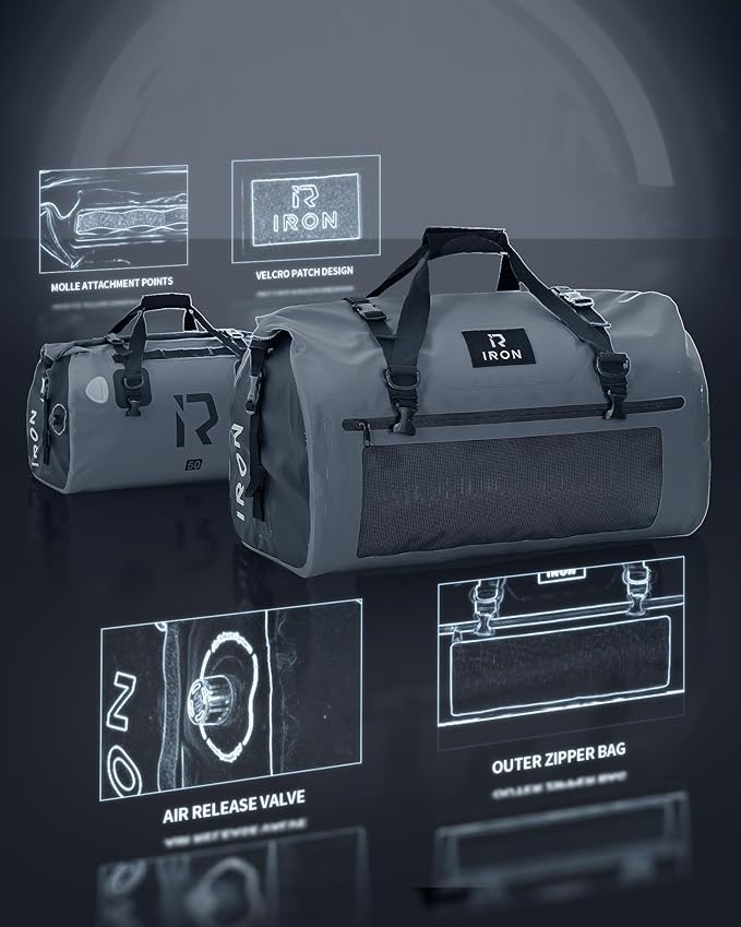 IRON JIA'S Motorcycle Dry Bag - Waterproof Duffle & Luggage Tail Bag Saddle Bags with Roll Top Closure, Shoulder Straps, Inner Pocket and Mesh Pocket (Grey, 50L)