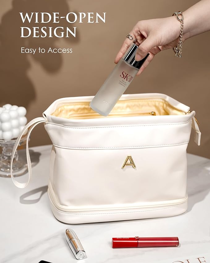 Birthday Gifts for Girls, Initial Large Makeup Bag, Personalized Double Layer Cosmetic Bag with Makeup Brush Organizer, Large Capacity PU Leather Travel Toiletry Bag Travel Stuff for Girls