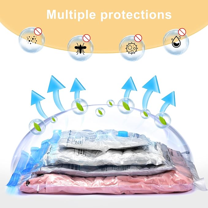 Vacuum Bags for Travel, 12 Pack with Hand Pump, Space Saver Vacuum Storage Bags, Travel Essentials, Clothes, Blankets, Pillows