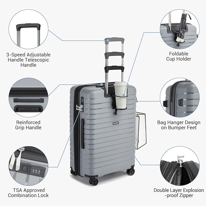 Kono 24 Inch Expandable Luggage Suitcase with Spinner Wheels, Durable Hardside Checked Luggage with Hidden Cup Holder, Lightweight Hard Shell Medium Suitcase with TSA Lock(Light Grey)
