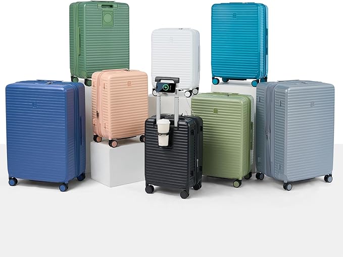 Hard Shell Suitcases Expandable Travel Luggage Sets 2 Piece, Carry on and Check in Luggage Lightweight Suitcase Set 2 Piece with Wheels Cup Holder Charger Built in (White, 20/28)