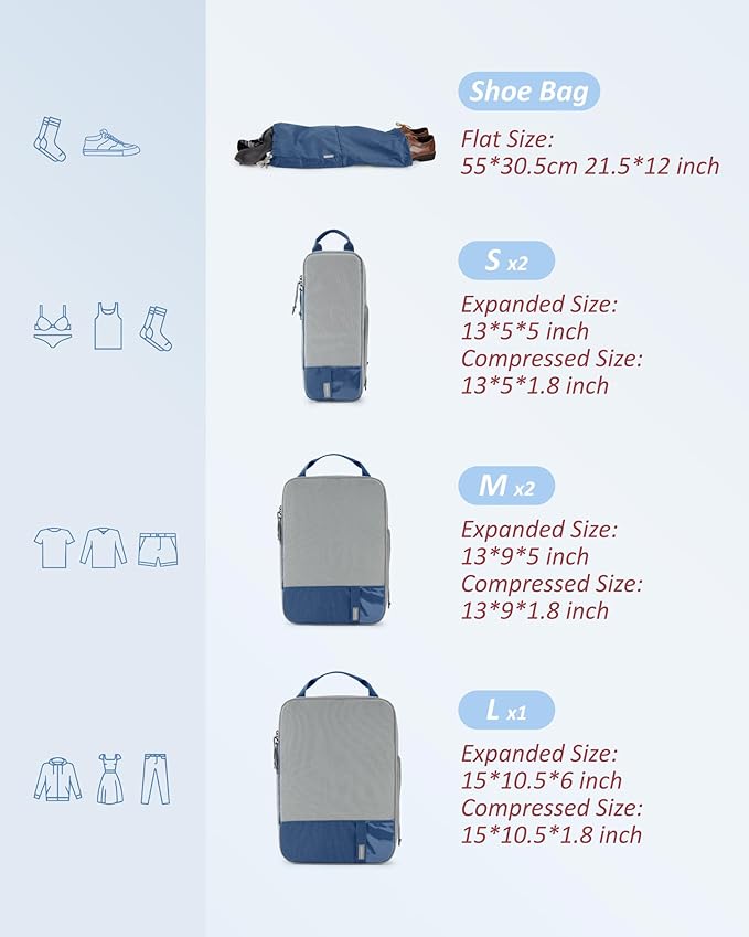 BAGSMART 6 Set Compression Packing Cubes - Lightweight Travel Essentials, Durable Luggage Organizer