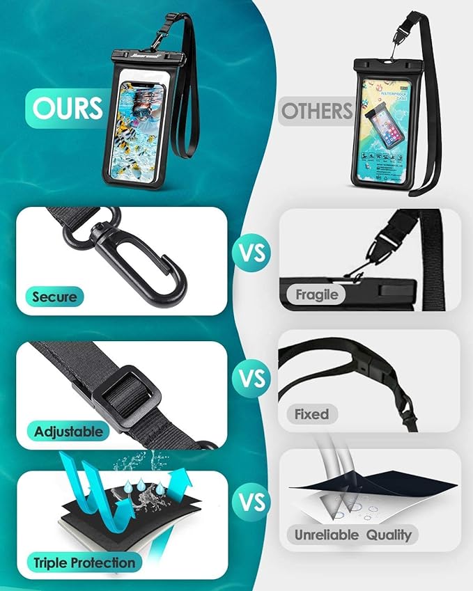 Hiearcool Waterproof Phone Pouch, Waterproof Beach Bag Compatible for iPhone 16 15 14 13 Pro Max, IPX8 Cellphone Travel Essentials for Beach -Black & Sky Blue-2Pack
