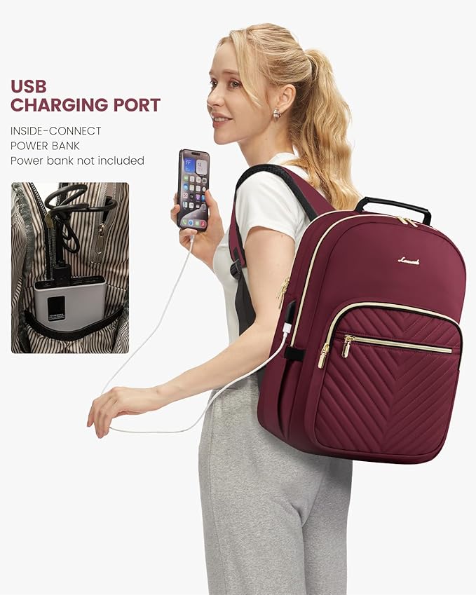 LOVEVOOK Laptop Backpack for Women, Large Travel Computer Work Bag, Business Teacher Nurse College Backpack Purse, Hiking Outdoor Carry On Backpack with 17.3-inch Laptop Compartment, Wine Red