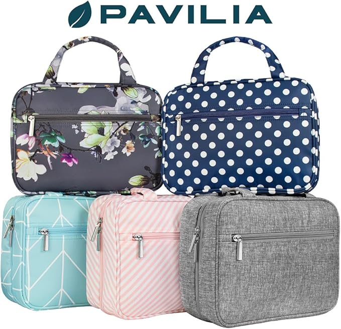 PAVILIA Hanging Toiletry Bag Travel Bag Women Men, Foldable Cosmetic Organizer, Roll up Makeup Bag, Water Resistant Accessories Toiletries, Large Travel Essentials Kit (Heather Grey)