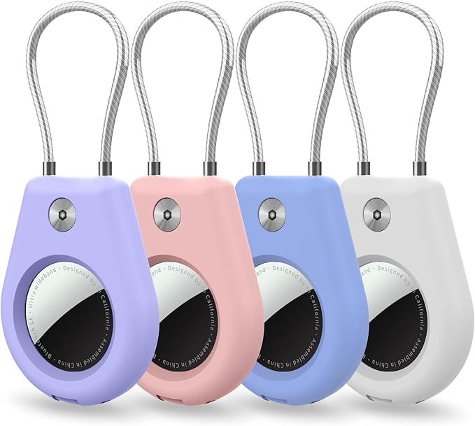 4 Pack Airtag Holder Compatible with Apple AirTag, Secure Holder with Wire Cable for Men Women's Keyrings & Keychains, Air Tag Case Keychain for Keys, Luggage, Bags, 4 Colors