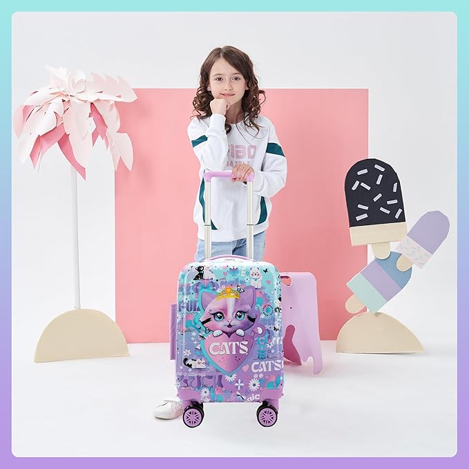 Cute Cat Kid's Luggage Set 2 Piece Suitcase Set 16" Hardside Luggage with Spinner Wheels Girls Carry on Toddler Travel Rolling Luggage Airline Approved