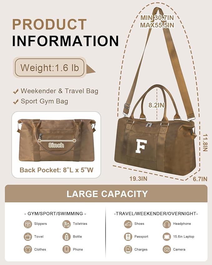 Birthday Graduation Gifts for Daughter,Initial Travel Duffel Bag Sports Gym Bag for Girls Teen Kids Birthday Gifts,Personalized Weekender Bag Carry On Tote Bags Cute Overnight Bag for Women(Brown, F)