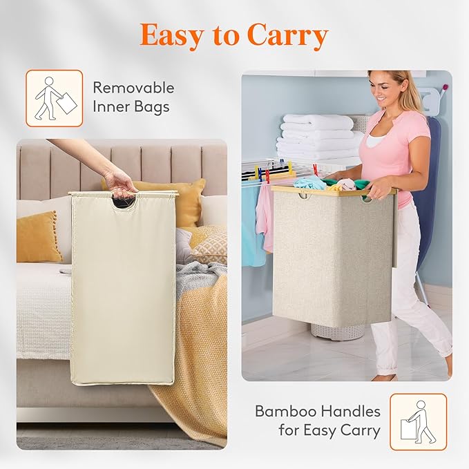 Lifewit 120L Double Laundry Hamper with Lid, Extra Large Bamboo Laundry Basket Dirty Clothes Hamper, 2 Section Laundry Bin Organizer for Laundry Room Bedroom with 2 Removable Liners & Bags, Beige