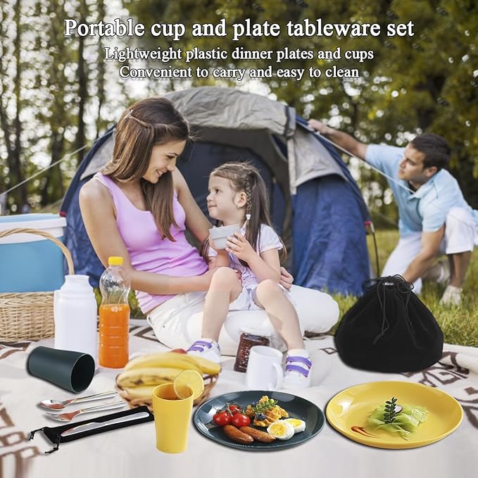 Evanda Camping Cutlery Set, Reusable Light Weight Mug, Plate and Stainless Steel Cutlery Set with Black Bag, Dishwasher Safe