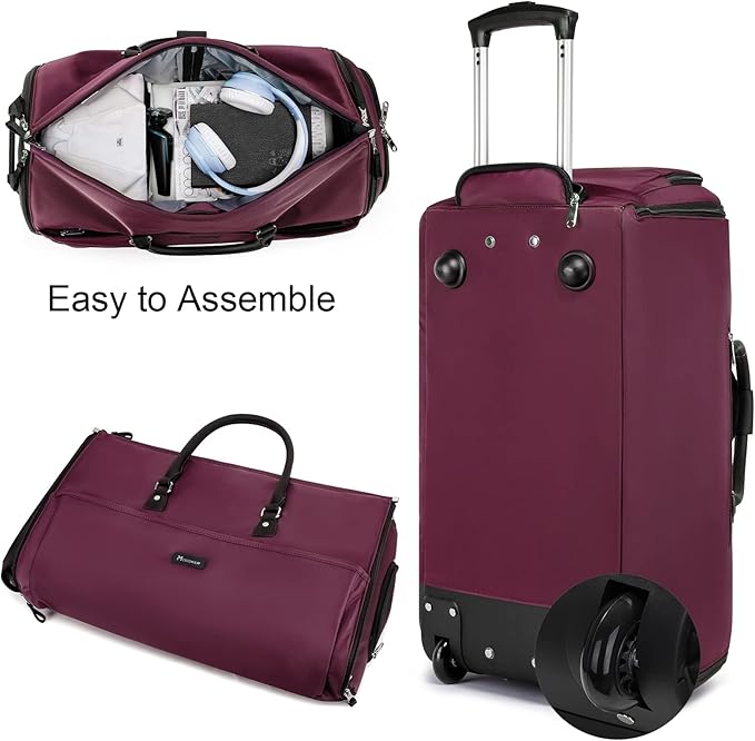 Modoker Rolling Garment Bags, Large Garment Duffle Bag with Wheels, 3 in 1 Garment Suit Luggage Bag for Women Men Business Travel Weekender, Red