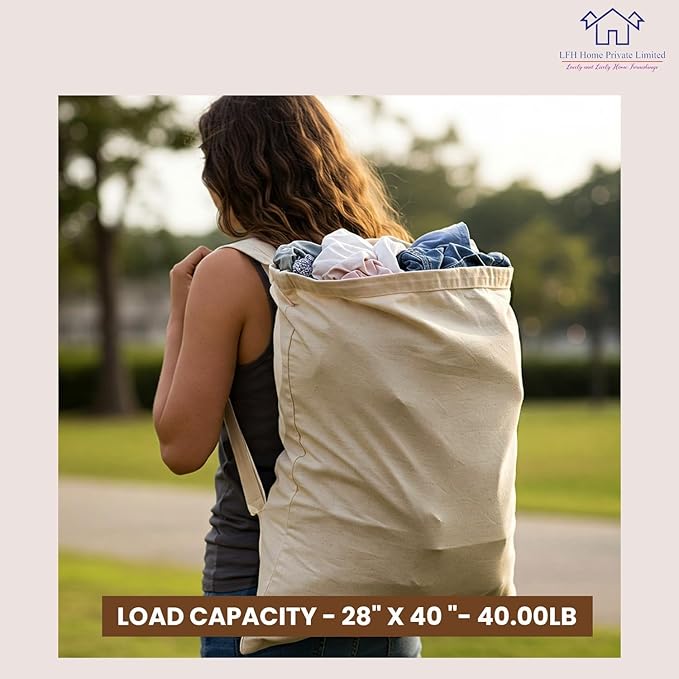 LFH Home Large Premium 100% Cotton Canvas Laundry Bag with Drawstring and Handles Heavy Duty, Multi-Use, and Washable for Home, Travel, College or Storage 24x36 (Pack of 2)-Natural