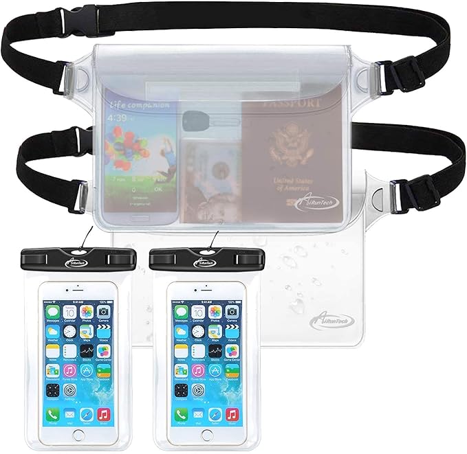 AiRunTech Waterproof Phone Pouch, Cruise Essentials 4-Piece Set, Beach Vacation Kayak Cruise Accessories Must Haves, Waterproof Bag for Travel with Phone Lanyard (2 Phone Cases + 2 Fanny Packs)