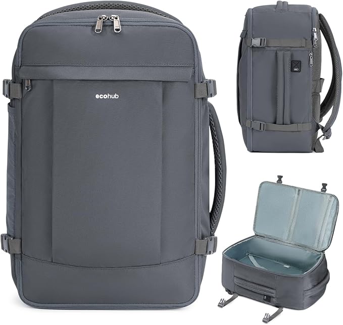 ECOHUB Travel Backpack for Men Women, Carry on Backpack with USB Charging Hole, Spirit Airlines Personal Item Bag Flight Approved, 15.6 Inch Laptop Backpack with Anti Theft Pockets, 30L, Grey