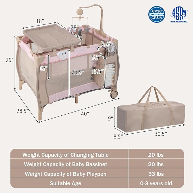 HONEY JOY Pack and Play, 3 in 1 Portable Baby Playard with Bassinet, Changing Table, Lockable Wheels, Music Box, Foldable Travel Baby Crib Nursery Center from Newborn to Toddler (Coffee Pink)