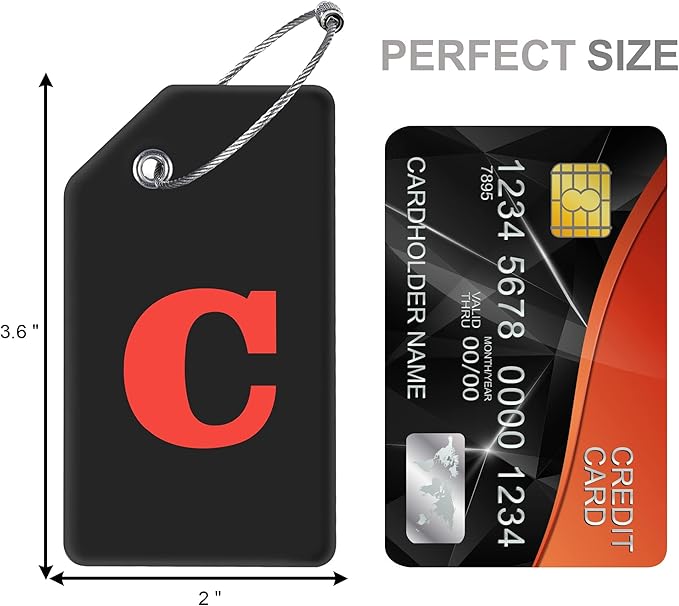 8 Pcs Luggage Tags for Suitcases, 26 Initial Letter Travel Luggage Baggage Identification Labels ID Tags Fully Bendable Tags with Stainless Steel Loop (Letter C, Black)