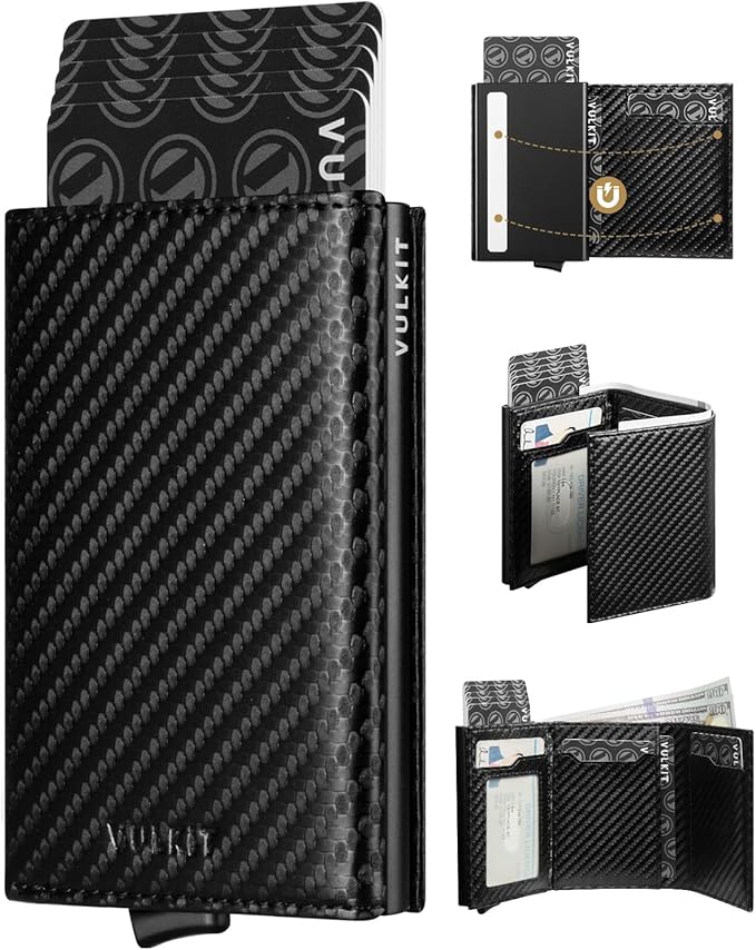 VULKIT Pop up Card Wallet Minimalist Cash Wallets RFID Blocking Leather Smart Credit Card Holder with ID window for Men(Carbon Black)
