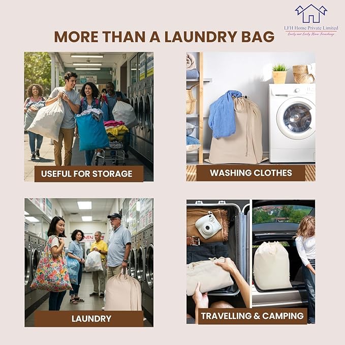 LFH Home Large Premium 100% Cotton Canvas Laundry Bag with Drawstring and Handles Heavy Duty, Multi-Use, and Washable for Home, Travel, College or Storage 24x36 (Pack of 2)-Natural