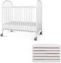 Foundations Pinnacle Folding Metal Hotel Crib and Sheet Bundle - Includes 4" Foam Mattress and 6-Pack White Fitted Compact Sheets for Babies & Toddlers