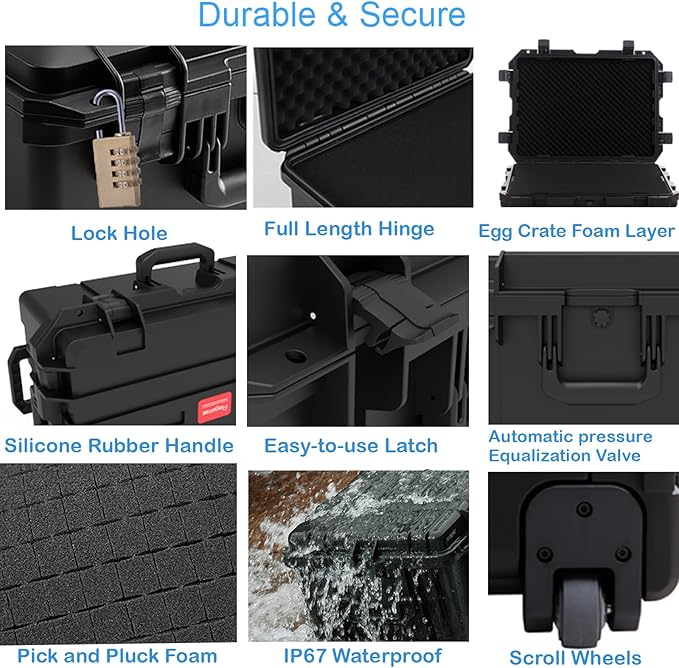 Waterproof Hard Case,27 x 20 x 13 Inch, Equipment Rolling Hard Case with Foam/Wheels/Retractable Handle for camera, Drone,tool, electronics,Shockproof, TSA Friendly, Inner 21.6"X 14.6"X10.2"