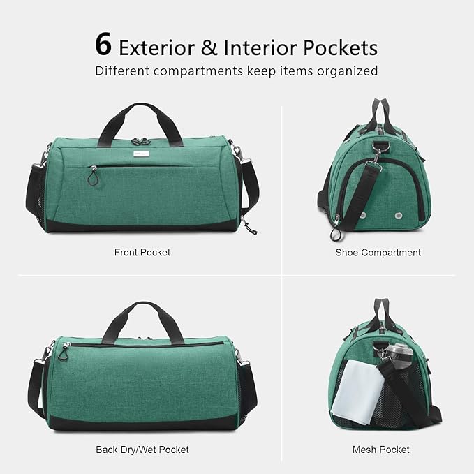 TOPDesign Gym Bag for Women & Men, Unisex Duffel Bag with Shoe Compartment & Wet Pocket for Travel Sports Gym (M Textured Green)