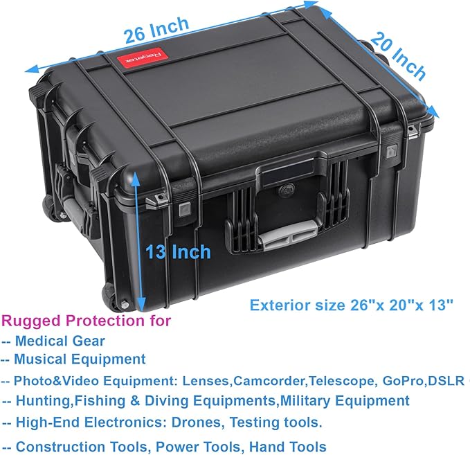 Rolling Hard Case with Foam,26 x 20 x 13 Inch, Equipment Case with Wheels and 4 Handles for camera, Drone,tool, electronics,Shockproof, Waterproof, TSA Friendly, Inner 22.64"X 16.73"X9.84"