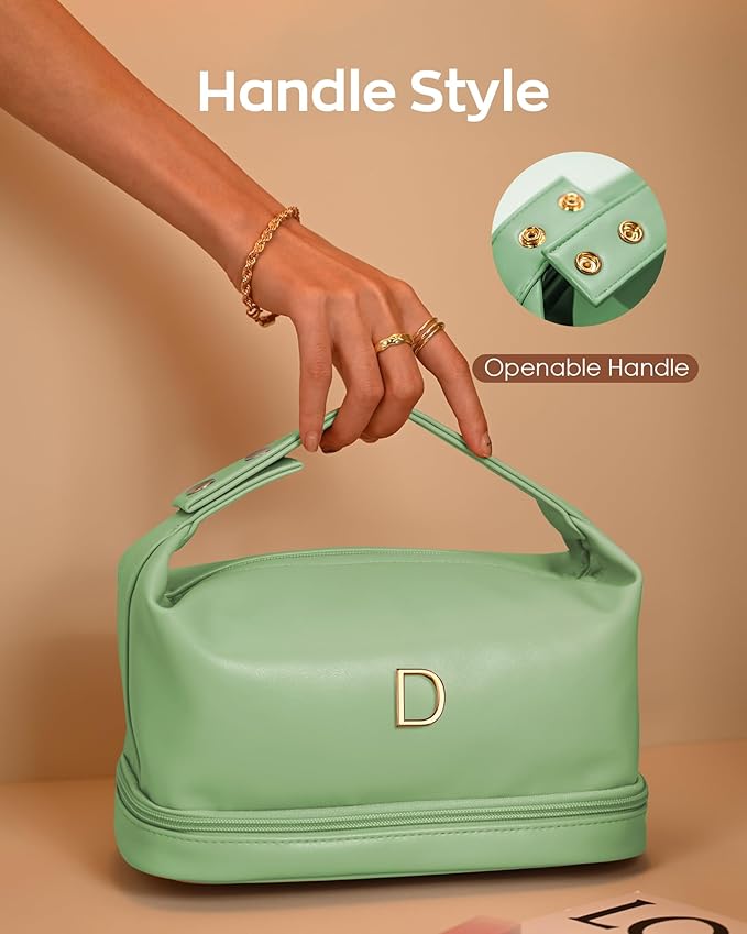 Gifts for Women 30s, Personalized Makeup Bag with Handle, Initial Double Layer Cosmetic Bag with Makeup Brush Organizer, Cute Cosmetic Pouch for Women, Gifts for Friends Female Mom