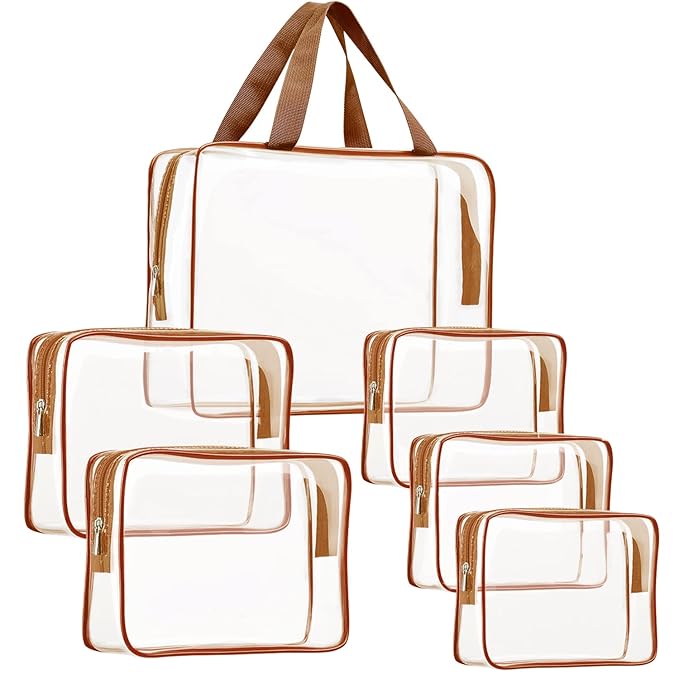 6Pcs Crystal Clear PVC Travel Toiletry Bag Kit for Women Men, Waterproof Vinyl Packing Organizer Storage Bags with Zipper Handle Straps, Cosmetic Pouch Carry on Airport Airline Compliant Bag Handbag