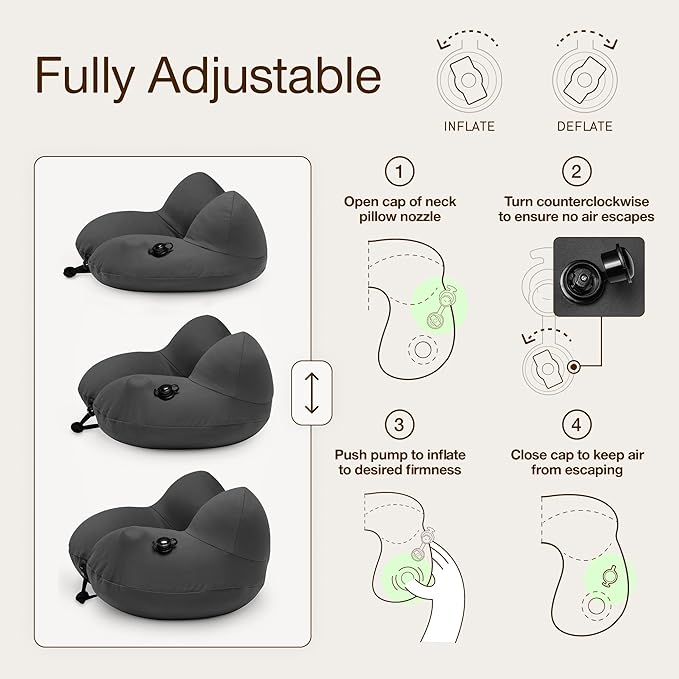 Coop Home Goods AirJustable Travel Neck Pillow, Inflatable, Adjustable Support for Neck & Chin, Compact Travel Pillow, Soft Memory Foam Comfort, Airplane Travel Essentials, Cooling & Washable Cover