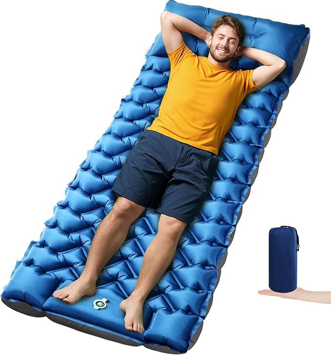 Inflatable Camping Mat, Ultra-Lightweight Sleeping Pad with Built-in Pillow & Foot Pump, Camp Pads for Backpackers, Hikers & Outdoor Enthusiasts, Easy to Carry, Gifts