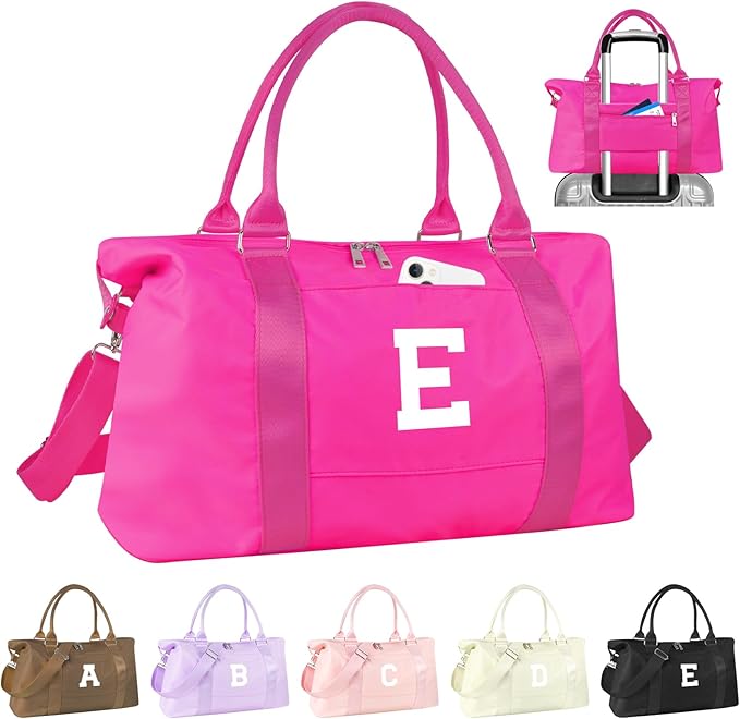 Overnight Bag for Kids Teen Girls Weekender Dance Bag Birthday Graduation Gifts,Initial Travel Duffel Bag Sports Gym Bag Personalized Weekender Bag Carry On Bags Preppy Gifts for Women(Hot Pink, E)