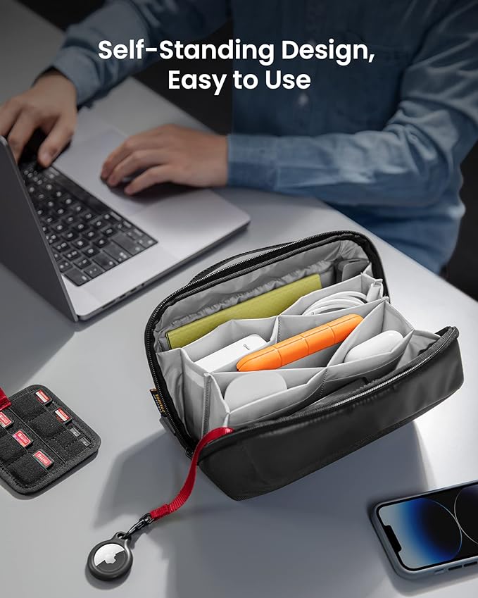 tomtoc Electronic Organizer Accessory Pouch for MacBook Charger, Cables, Power Bank, Hard Drive, Cords, Water-resistant Storage Bag with Removable Card Slots for USB Adapter, Memory Card, Black