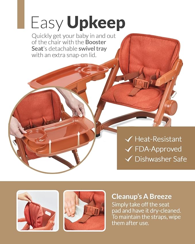 Feed Me 3-in-1 Travel High Chair Booster Seat for Infants and Toddlers - Transitional, Compact & Fits Any Chair, Swivel Tray, Pumpkin Orange