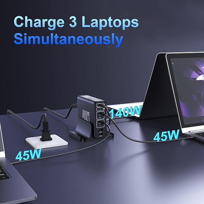 Aftertop 250W USB C Charger, 8-Ports PD3.1 140W Fast Charging Station, Compact Laptop GaN Charger for MacBook, iPad, iPhone 16 15 Pro Max, Galaxy S24/S23 Ultra, Pixel and More
