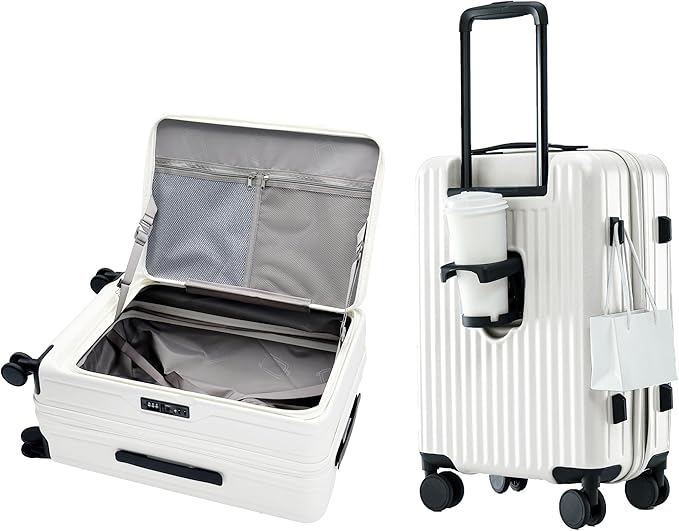 HotWay 19 Inch Expandable Carry On Luggage with Cup Holder, Hardside TSA Approved Luggage with Spinner Wheels, Top Opening Suitcase For Travel, White