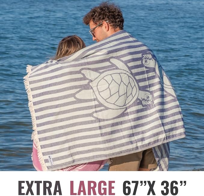 Turkish Beach Towel - 100% Organic Cotton - Soft, Quick-Dry, Sand Proof, Prewashed - Lightweight & Oversized for Beach, Pool, Yoga, Bath, Travel, Gym, Throw - Turtlebay (Navy)