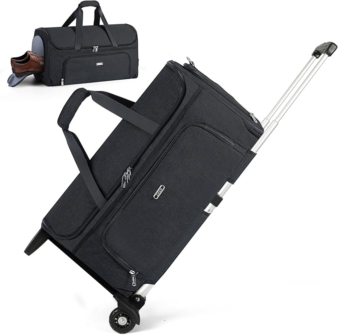 Garment Bags with Wheels, Garment Convertible Weekender Bags, Large Carry On Garment Bags for Travel, Duffle Bag Garment Bag (Black, Large)