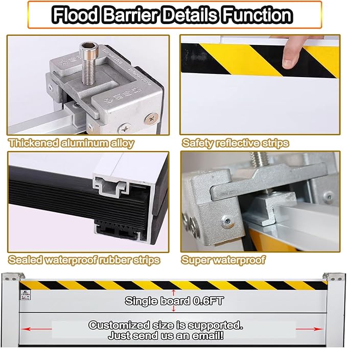 Reusable Flood Barrier, 3/4/5/6/7/8/9/10/11/12/13ft Long Heavy Duty Aluminum Water Barrier Shield for Sliding Glass Door/Driveway/Home Doorway, Removable Stopper Shield with Rubber(H 0.6ft