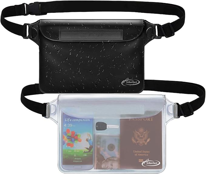 AiRunTech Waterproof Pouch with Waist Strap (2 Pack) | Beach Accessories Best Way to Keep Your Phone and Valuables Safe and Dry | Perfect for Boating Swimming Snorkeling Kayaking Beach Pool Water Park