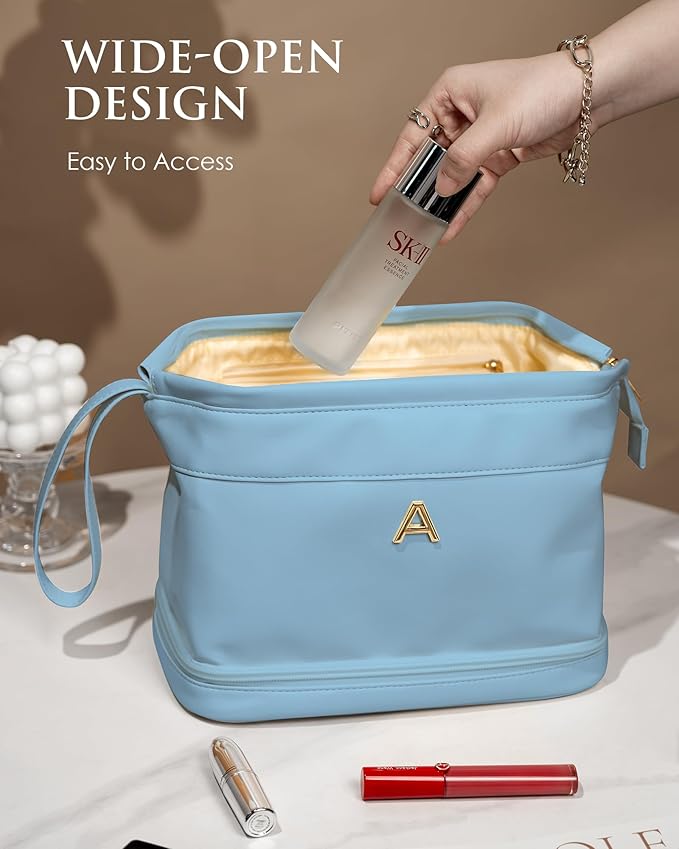 Gifts for Her, Initial Large Makeup Bags, Personalized Double Layer Cosmetic Bags with Makeup Brush Organizer, Waterproof PU Leather Travel Toiletry Bags for Wedding & Bridesmaid Gifts