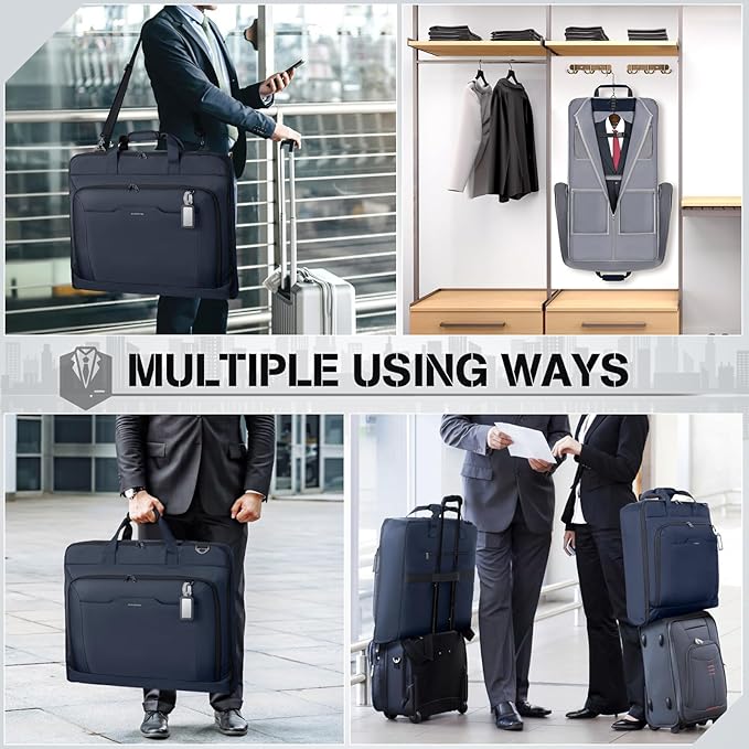 RAINSMORE Garment Bags for Travel Carry On Garment Bag for Hanging Clothes, Suit Bag for Business Trips with Shoes bag & Shoulder Strap, Waterproof Foldable Suit Luggage Bag for Men Women, Blue