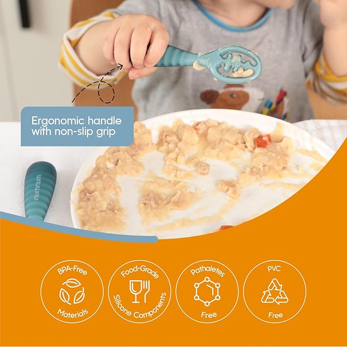 NumNum Baby Spoons Set, Baby Essentials Pre-Spoon GOOtensils for 6+ Months, First Stage Self-Feeding Spoons for Baby Led Weaning (BLW), Silicone Toddler Utensils, BPA-Free, 4 Pack Blue