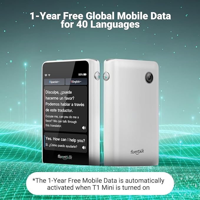 Timekettle, Fluentalk T1 Mini Translator Device No WiFi Needed, Built in 1-Year Global Mobile Data, Supports 40 Languages and Photo Translation, Instant Language Translator for Travelling White
