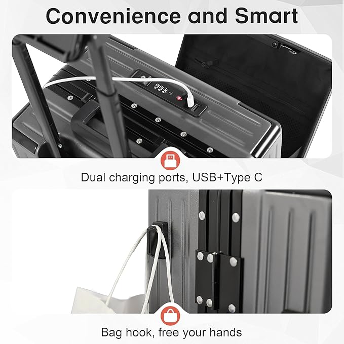 24 Inch Check-In Luggage Aluminum Frame Zipperless Luggage, Hard Shell Suitcase TSA Approved Checked Luggage, ABS+PC Lightweight Zipperless Suitcase with Spinner Wheels (Grey)
