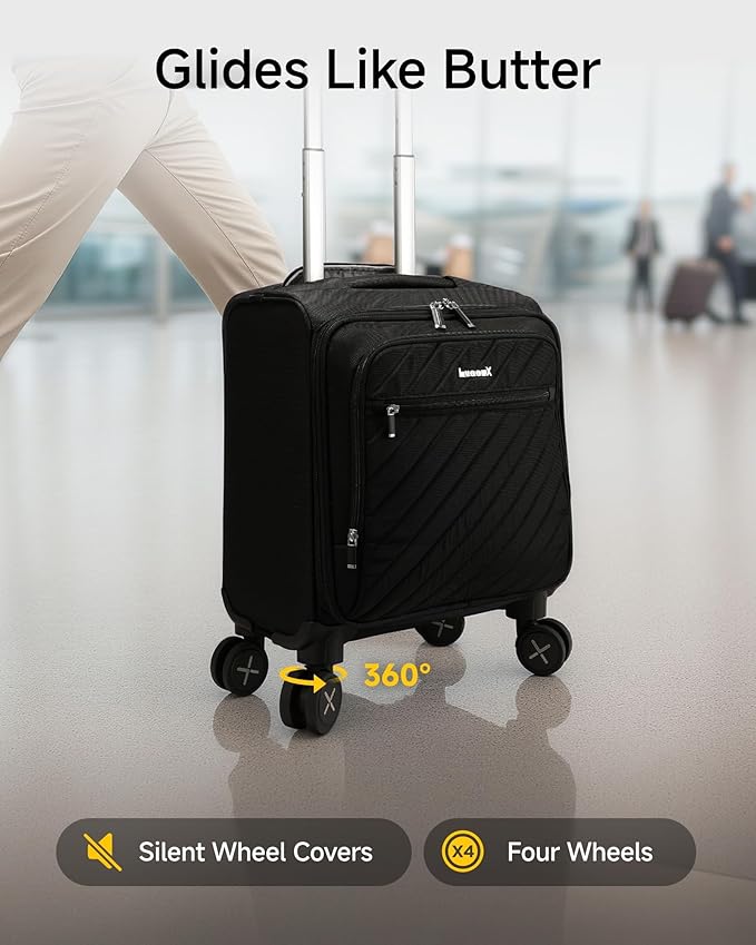 LUGGEX Carry On Luggage with Spinner Wheels - Stylish Lightweight UnderSeat Luggage - Soft Sided Small Suitcase with Front Open Design for Travel, Business (Black, 15 Inch)