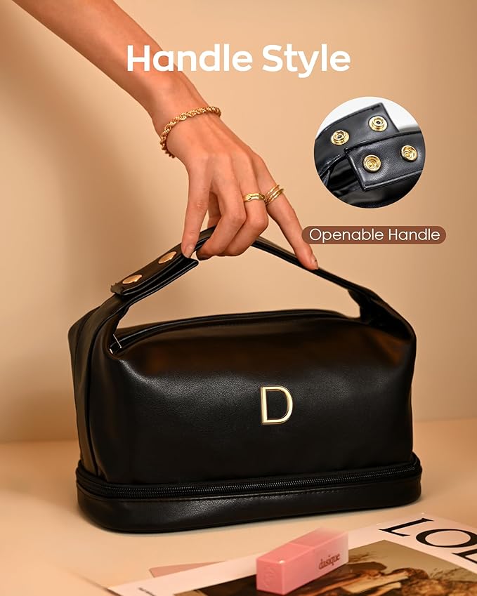Gifts for Friends, Personalized Makeup Bags with Handle, Waterproof Double Layer Cosmetic Bag, Large Capacity PU Leather Makeup Bags Travel Toiletry Bag with Makeup Brush Organizer