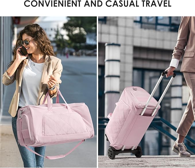 Rolling Garment Bag for Travel,Duffle Garment Bag with Wheels and Shoe Compartment for Men and Women,3 in 1 Suit Dress Bags with Wheels (Pink)