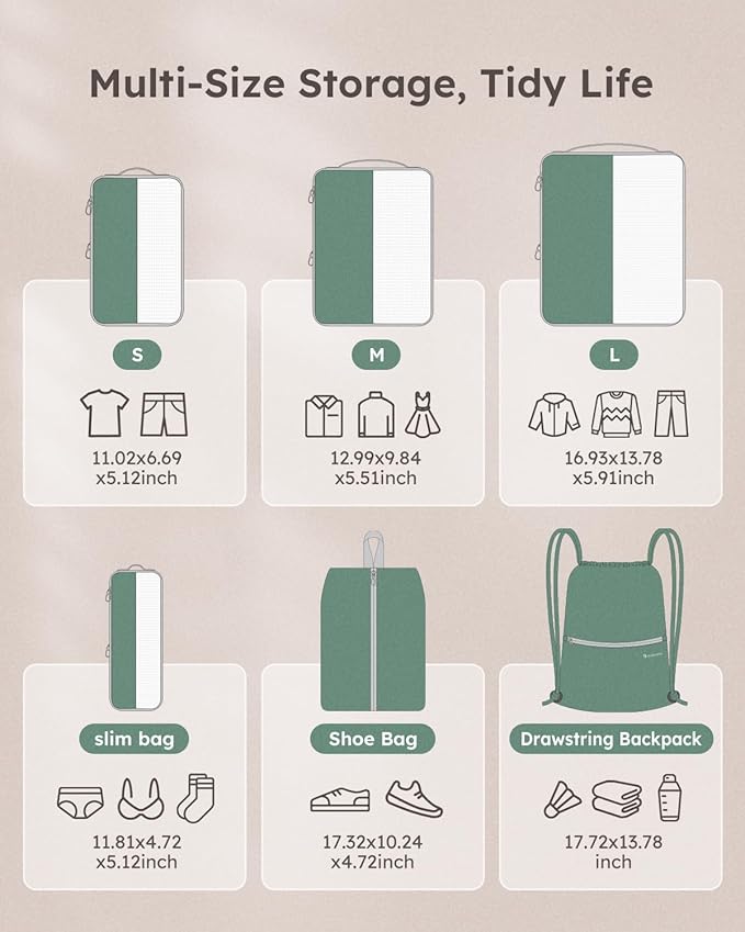 6 Set Compression Packing Cubes for Travel, Bonus Versatile Drawstring Backpack, Lightweight Luggage Organizer Bags, Sturdy Travel Accessories for Suitcase, Dark Green