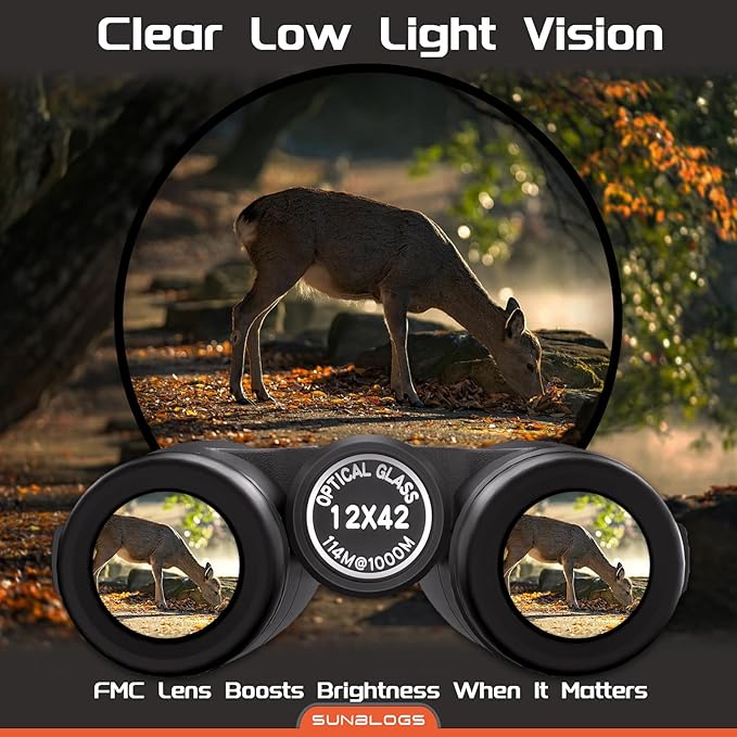 12x42 HD Binoculars for Adults,Super Bright BAK4 Prism High Powered Waterproof Binoculars with Low Light Vision for Bird Watching Outdoor Hunting Travel Hiking Sports Stargazing Cruise (Black)
